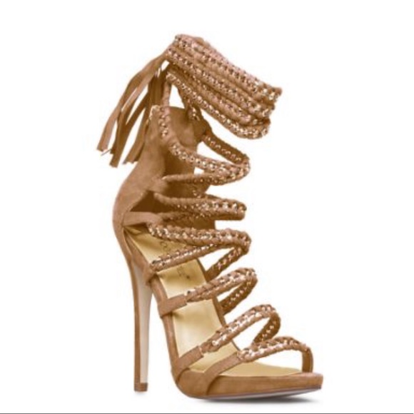 ShoeDazzle Raenetta. Tan Strappy Faux Suede Heels - Picture 2 of 7